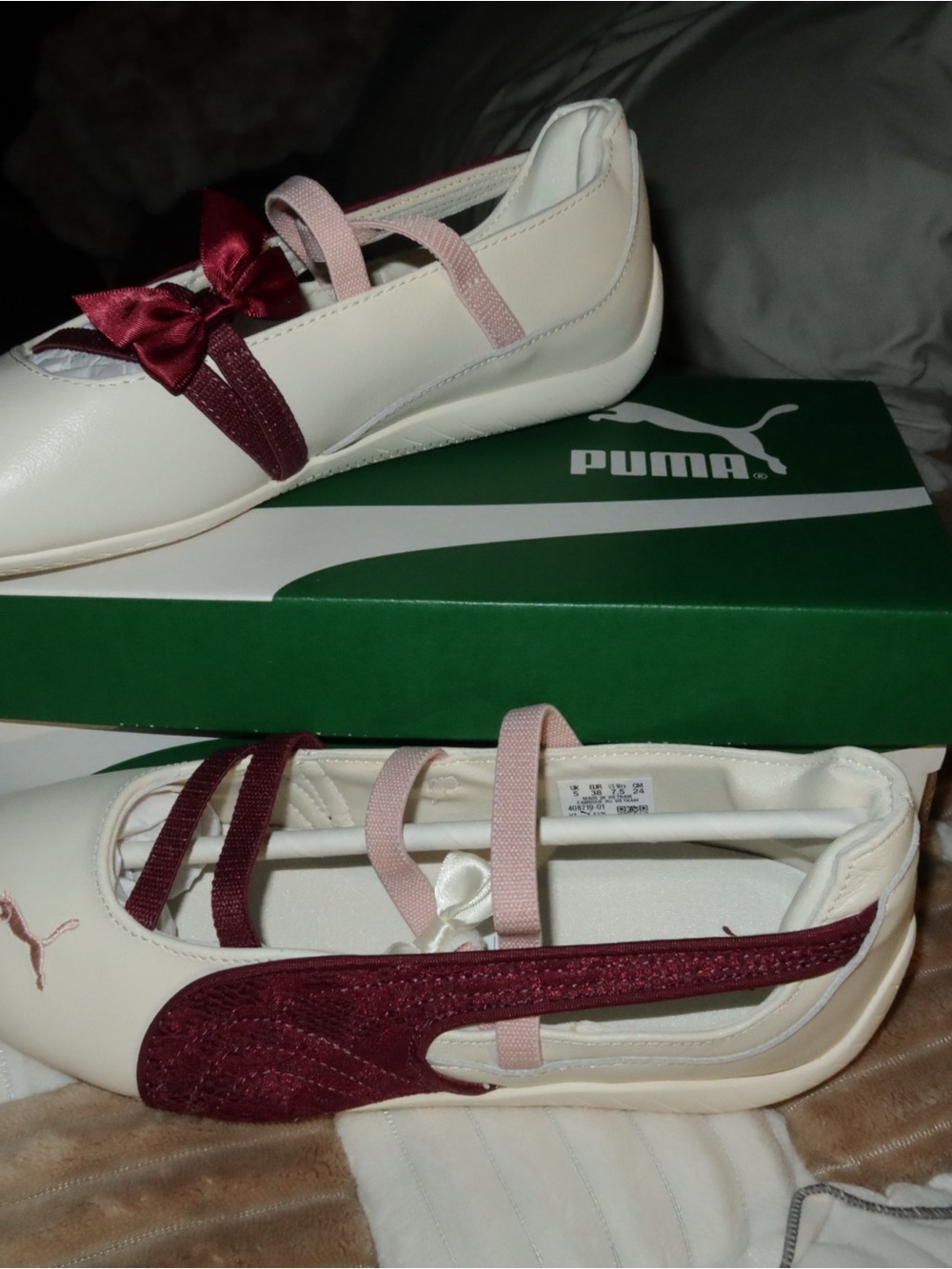 Puma Cream Ballet Flats with Burgundy and Pink Straps